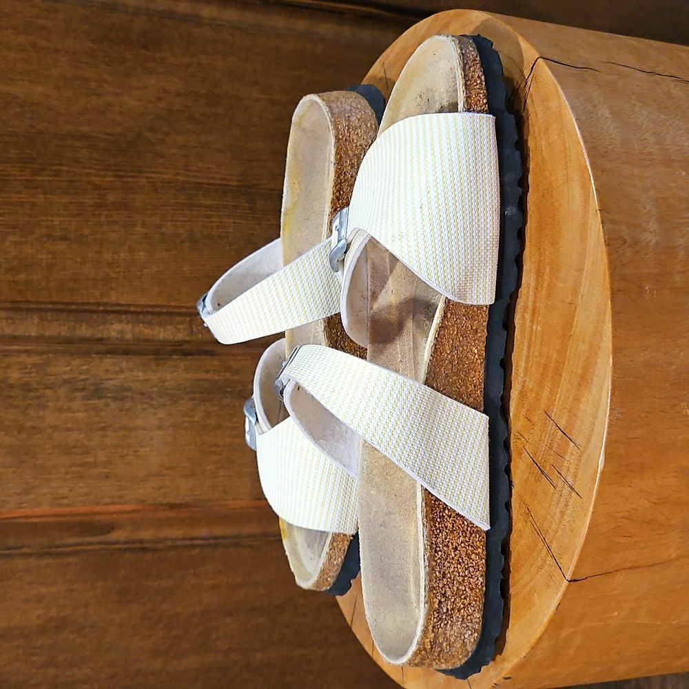Birki's By Birkenstock Yellow & White Striped Silver Buckle Size 7.5 / 38 - Picture 5 of 15